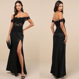 Lulus Exceptionally Exquisite Black Lace Off-the-Shoulder Maxi Dress S Wedding